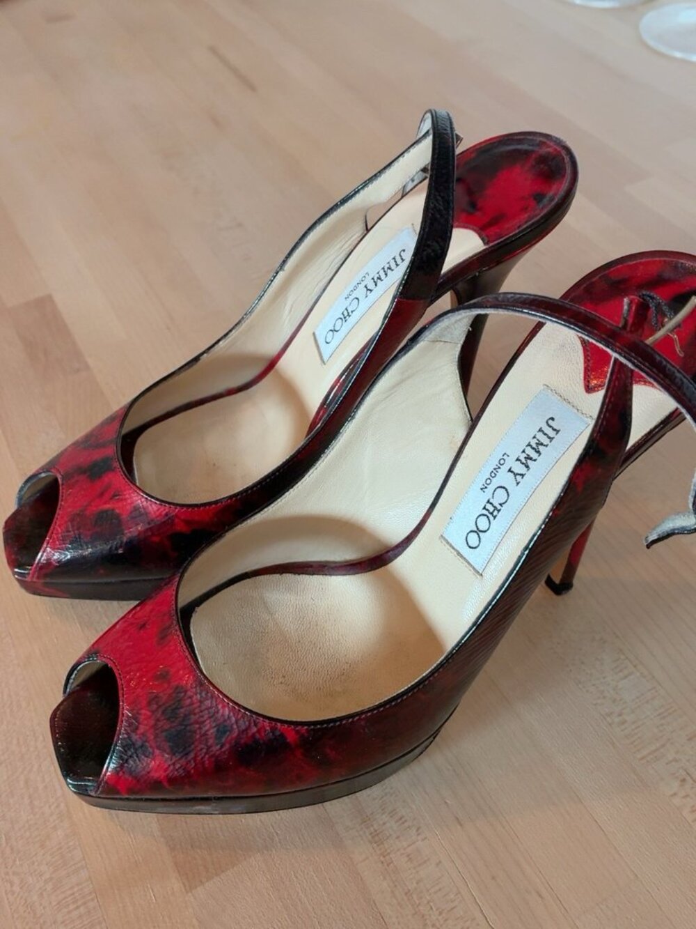 Jimmy Choo London Red & Black Peep-Toe-Heels - Size 39